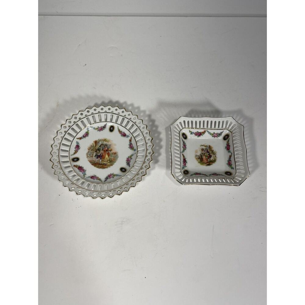 2 Vintage Reticulated Lattice Edge Colonial Couple Porcelain Plate Dish‎ Germany